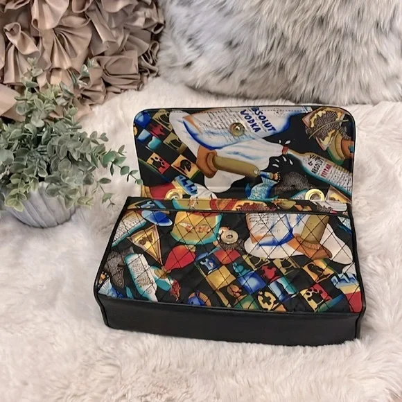 Vintage Nicole Miller Quilted Multi Jewel Tone Satin Absolut Chain Crossbody Bag